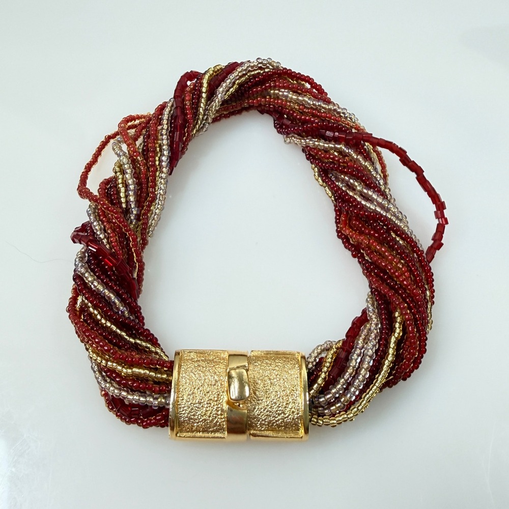 Murano Glass Bracelet Multi Strand Micro Seed Beads Torsade Red Silver Gold 7.25